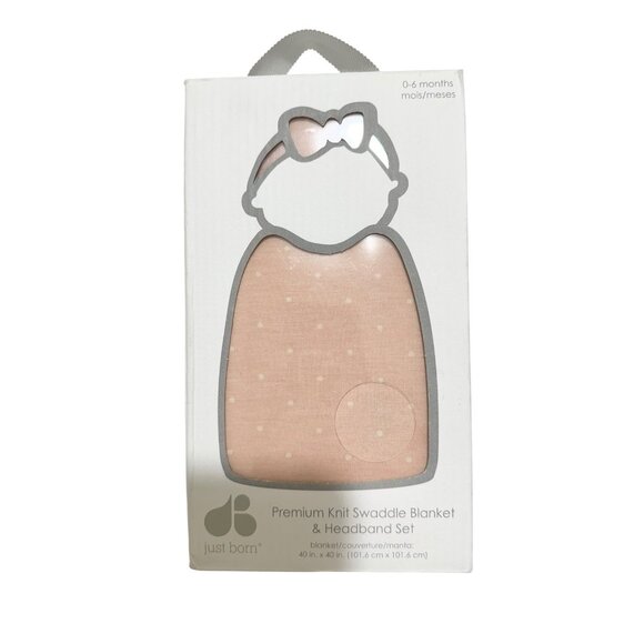 Just Born Size 0-6 Months Beige Dot Premium Knit Swaddle Blanket & Headband Set - Picture 1 of 3